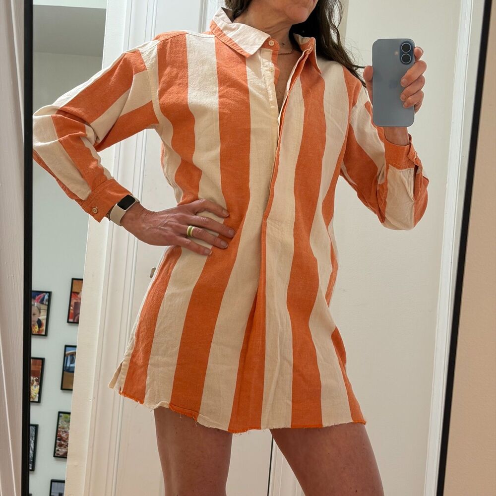 Lou & Grey sz S Made in India Striped Cotton Long Sleeve Dress/Tunic Split back